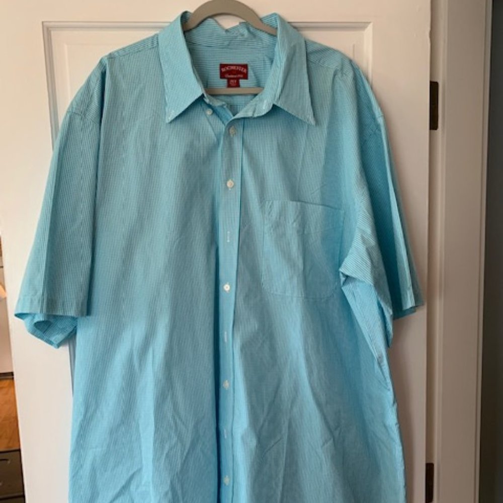 NWOT Rochester Men 3XT No Iron Button Down Blue/Teal Checked Short Sleeve Shirt
